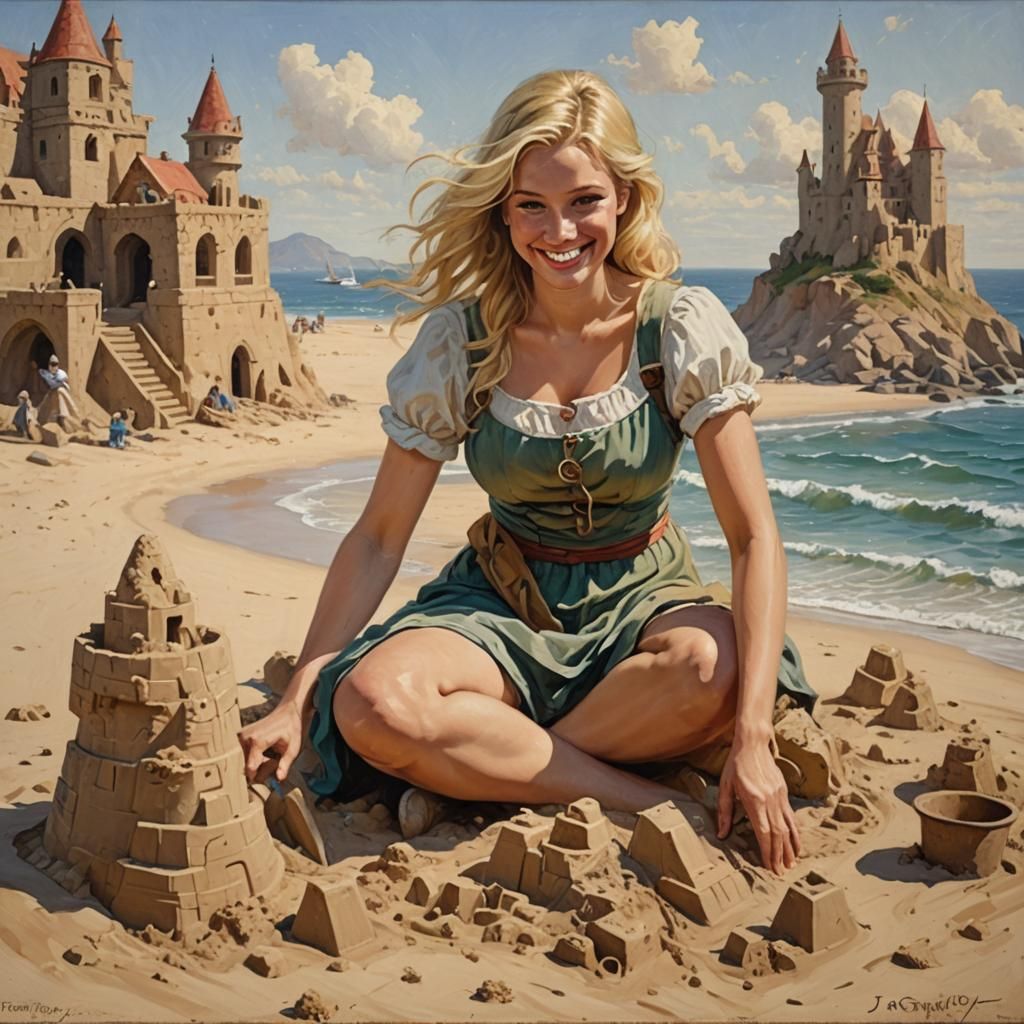 Seaside Sandcastle: Oil Painting of a Blond Woman