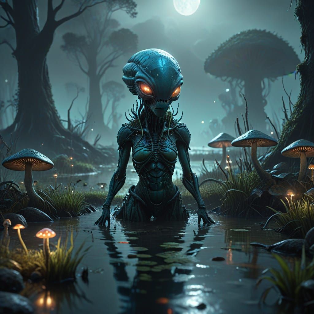 Alien in Moonlit Marsh: Fantasy Concept Art