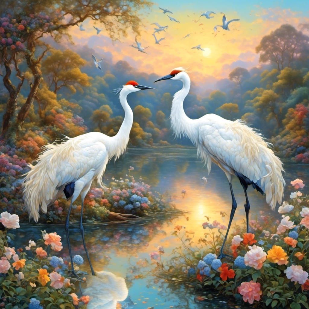 Cranes at Lake in Morning Light