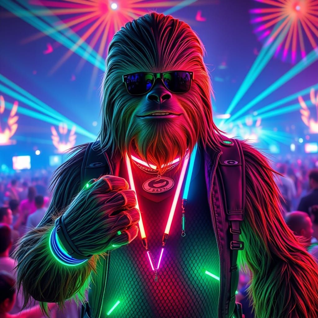 Cyberpunk Chewbacca in High-Tech Rave Attire