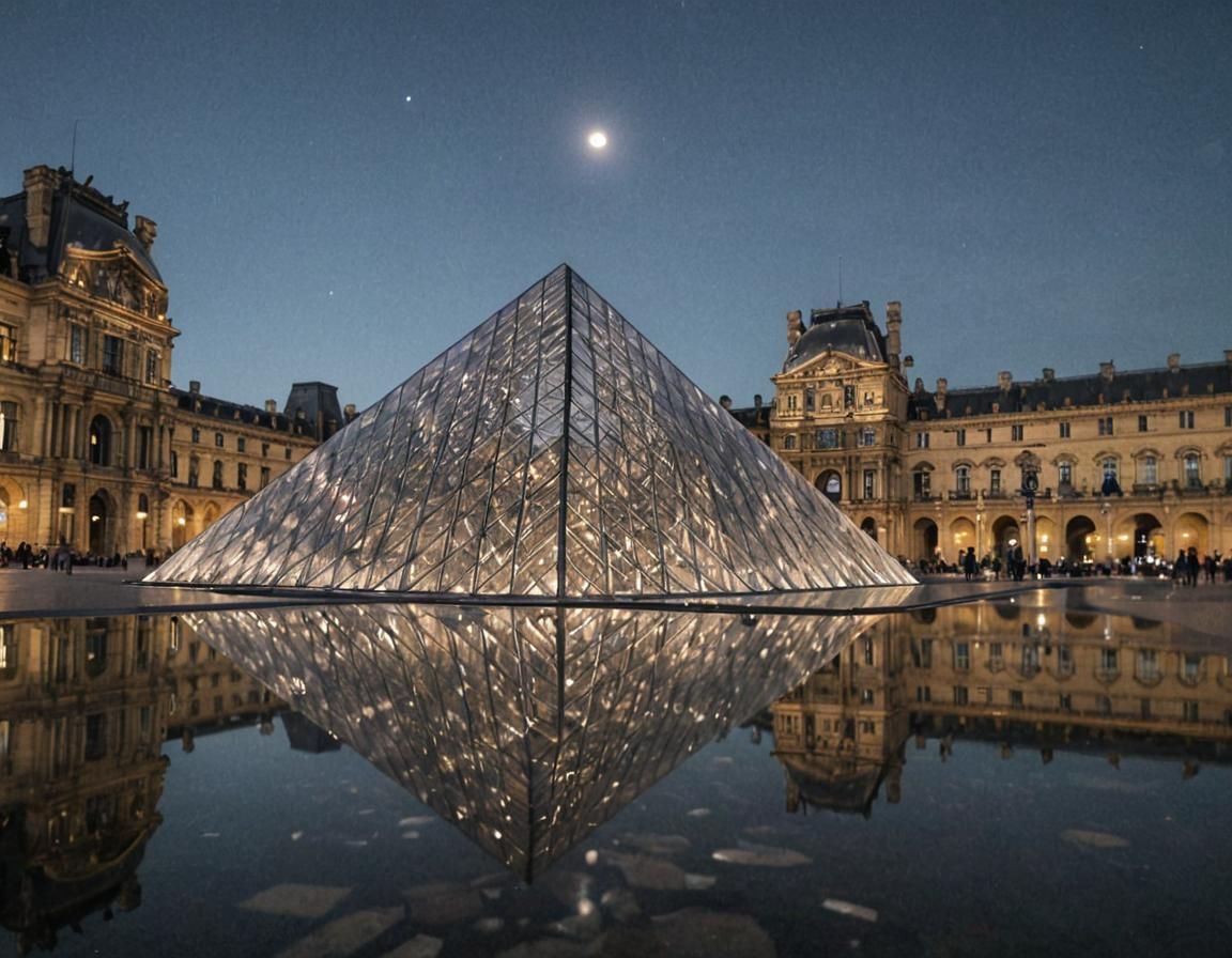 Moon Reflects in Louvre Pyramid: Professional Photography