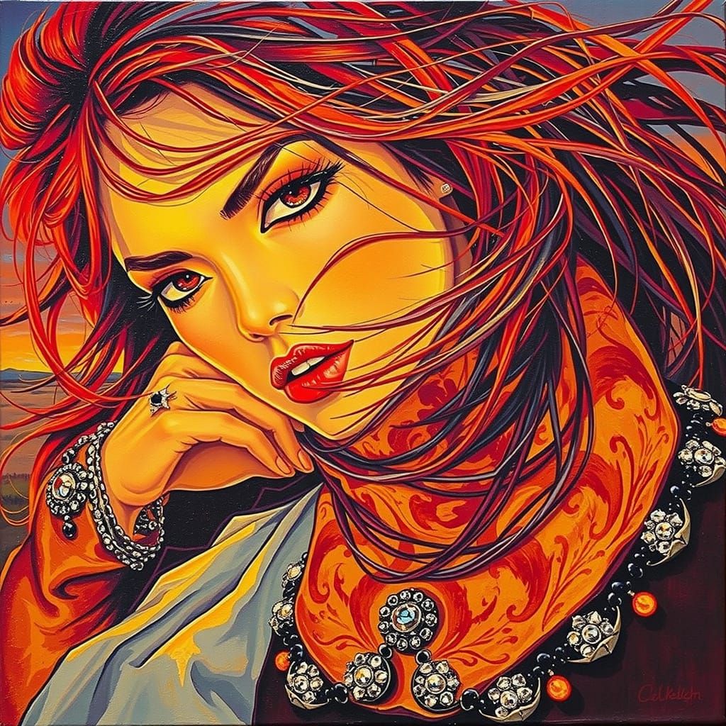 Glamorous Woman on Windswept Moor at Twilight