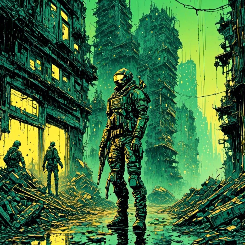 Cyborg Soldier in Ruined Cyberpunk City, Linocut Style