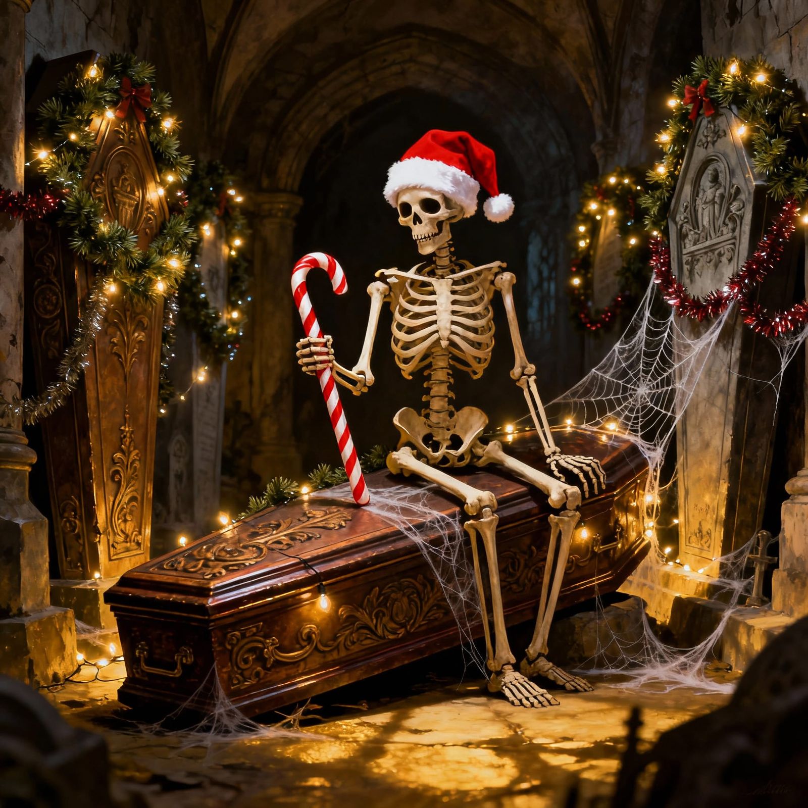Gothic Christmas Crypt Scene with Skeleton