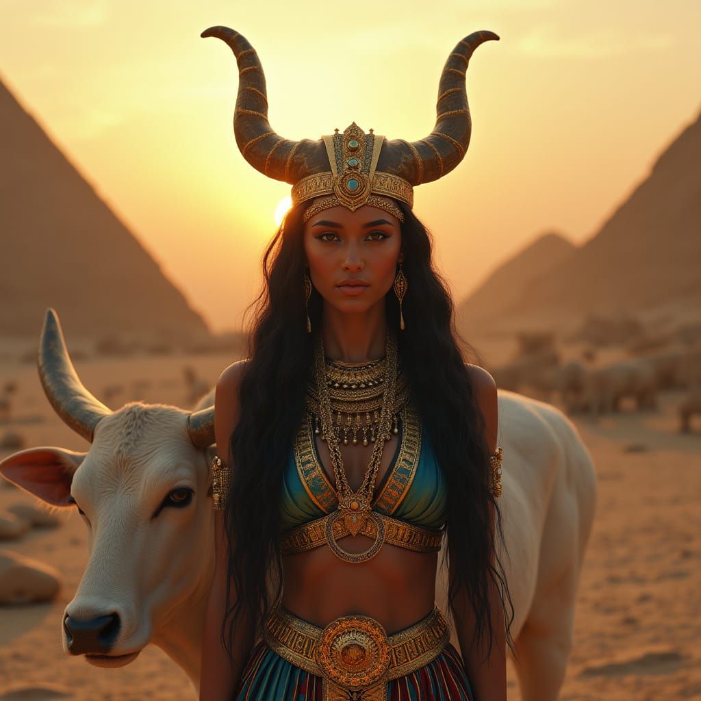 Egyptian Goddess Iat in Ancient Regalia with Sacred White Co...