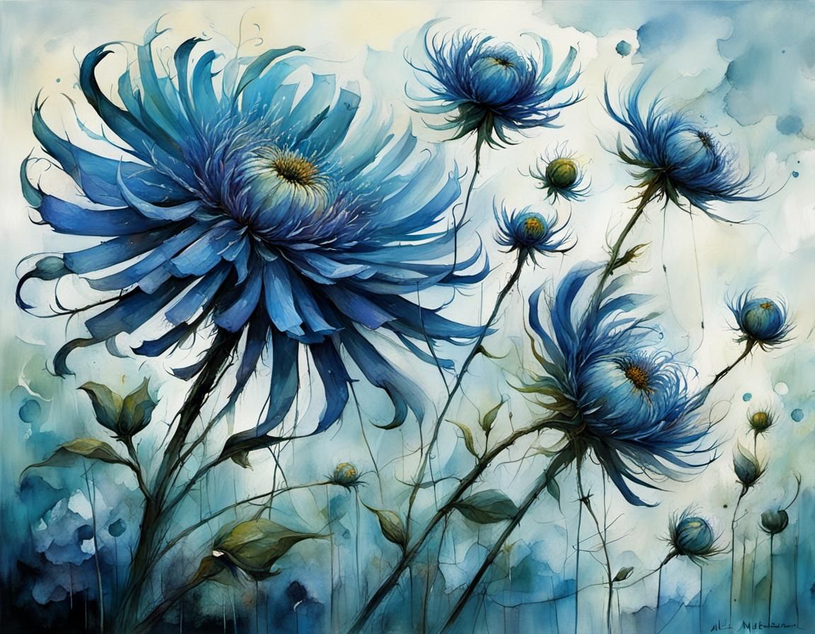 Blue Asters Bending: Expressive and Intricate Illustration
