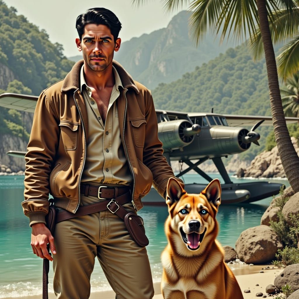 Adventurer and Dog in Jungle Harbor, Pulp Magazine Style