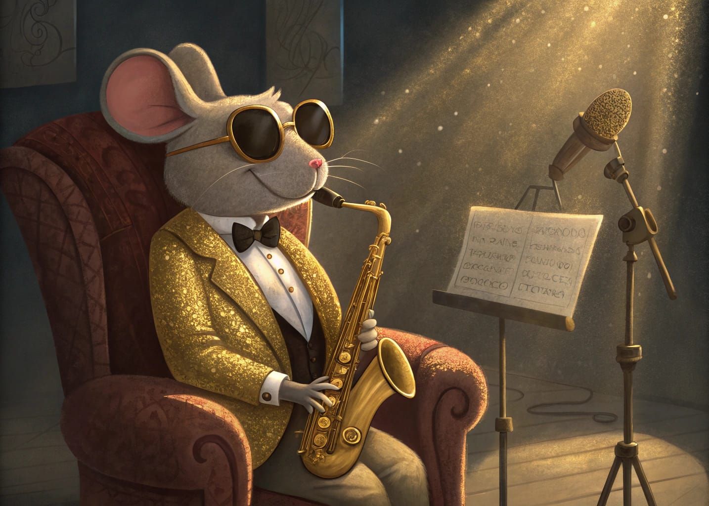Anthropomorphic Mouse Jazz Saxophonist in 1920s Club