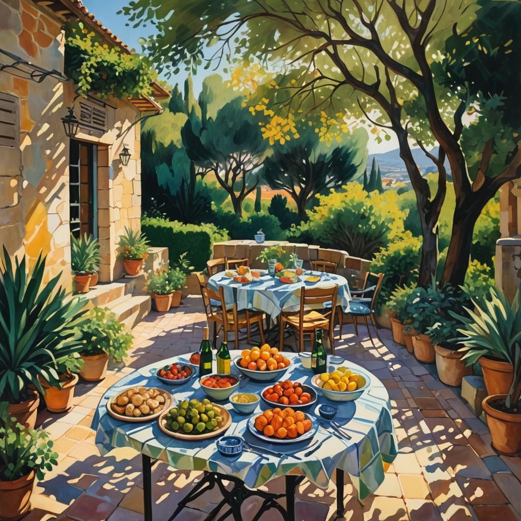French Tapas Table: Impressionist Gouache Painting