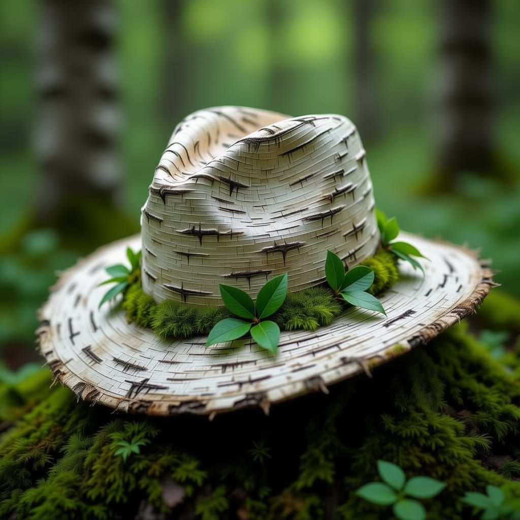 Birch Bark Floppy Hat with Moss and Leaves