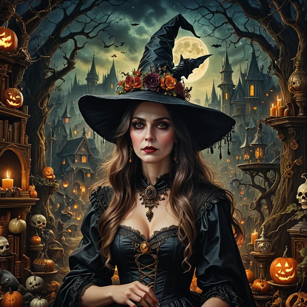 Gothic Halloween Witch in a Fairytale Landscape