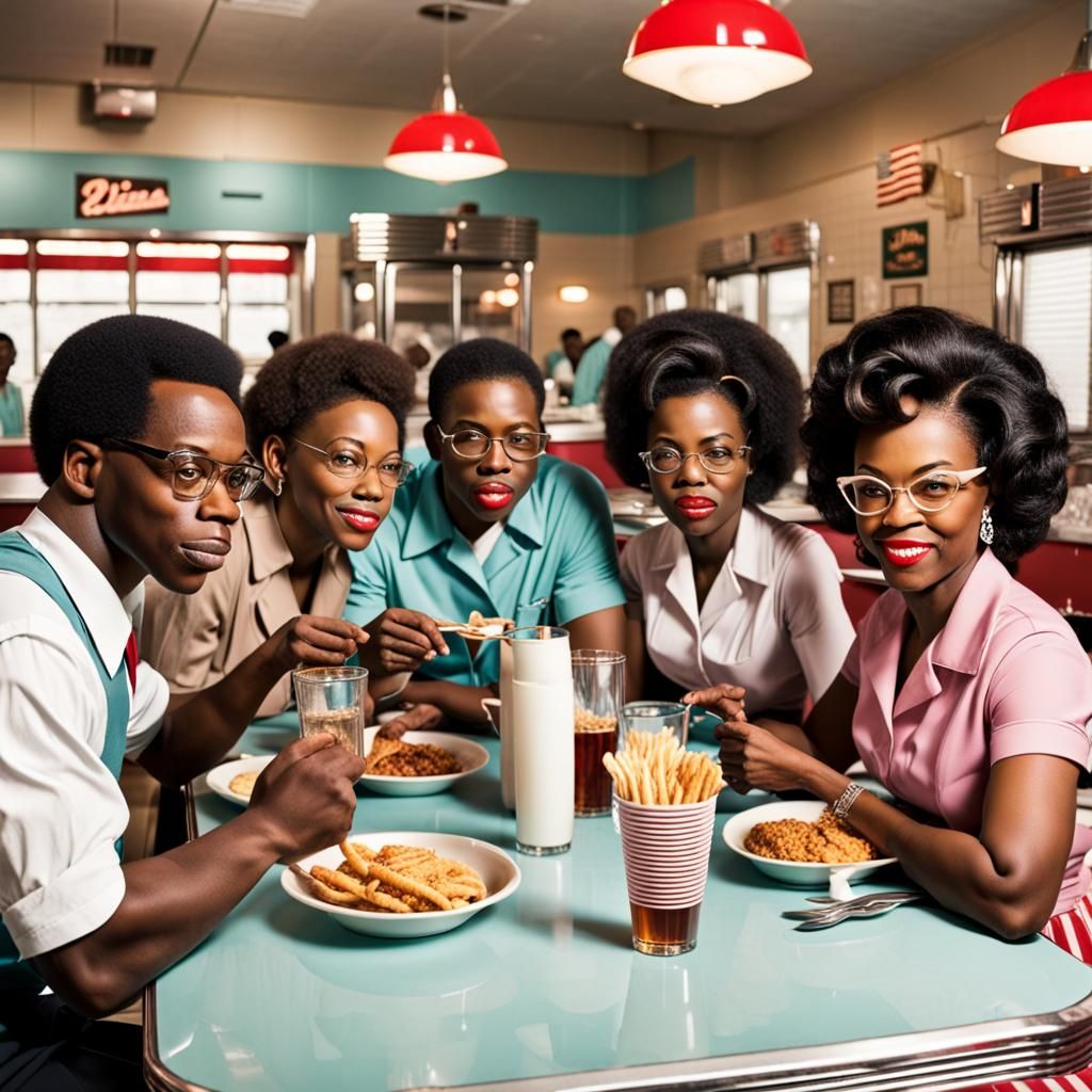 Retro Diner Scene with Six People Eating