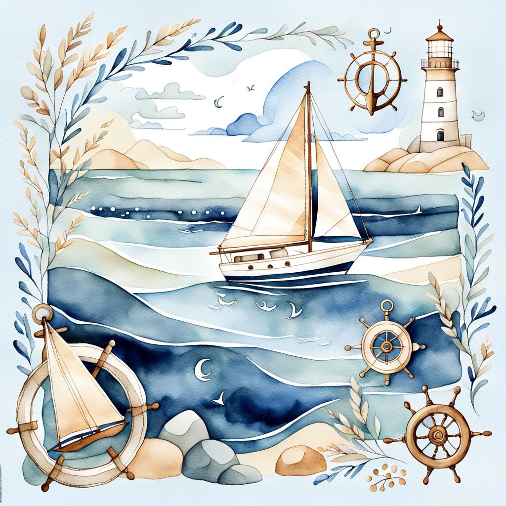 Watercolor Sailboat Scene with Lighthouse and Nautical Eleme...