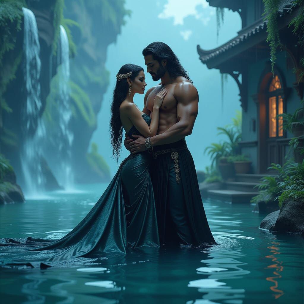 Elegant Arab Man in Flowing Couture Amidst Dark Fantasy Art