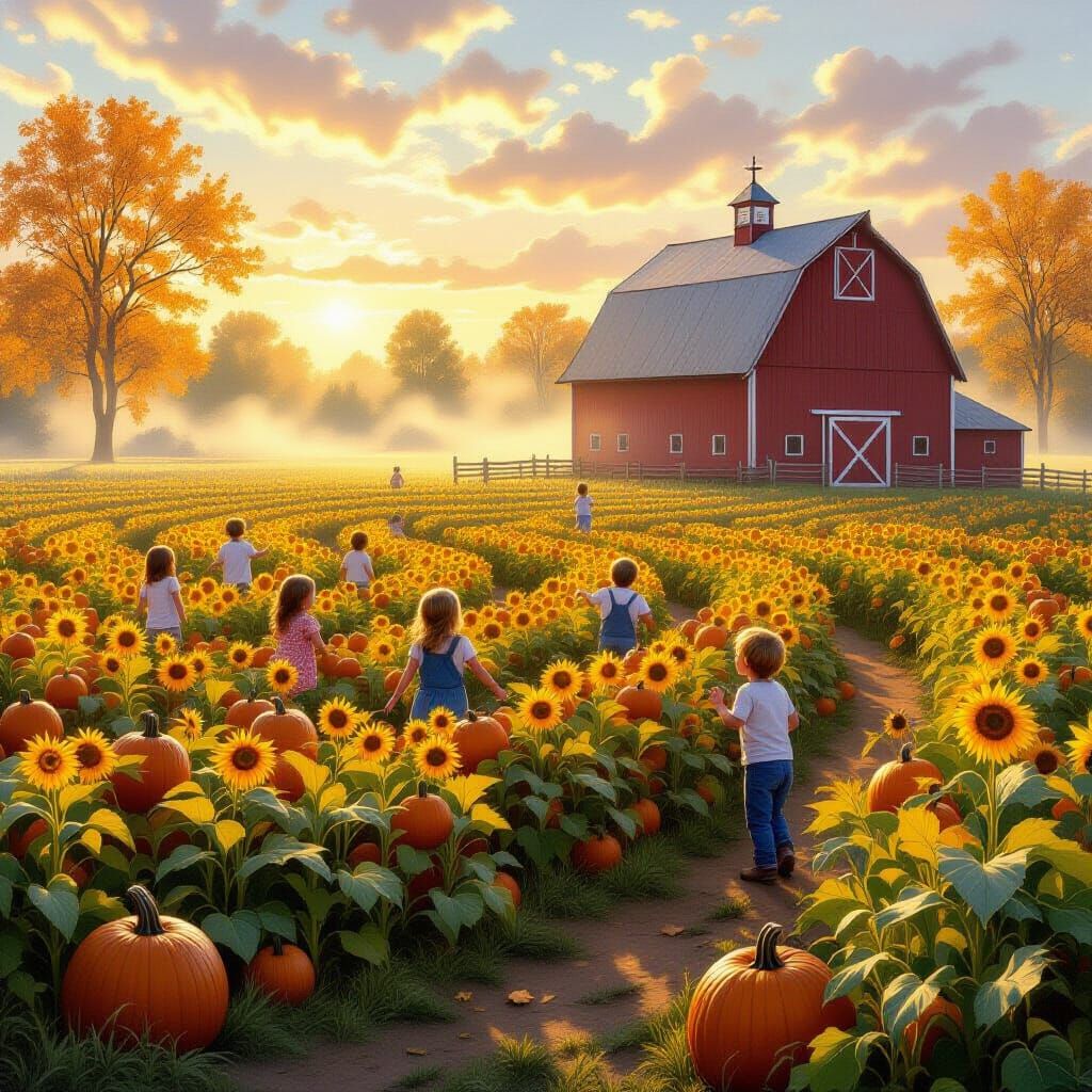 Children Laughing in Misty Corn Maze By Red Barn