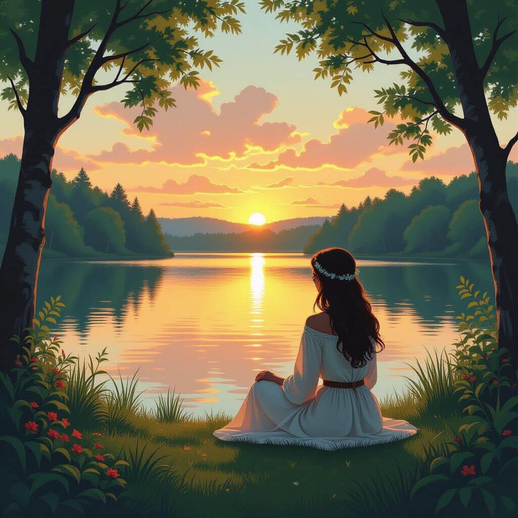 Ethereal Woman by Lake in Digital Painting Style