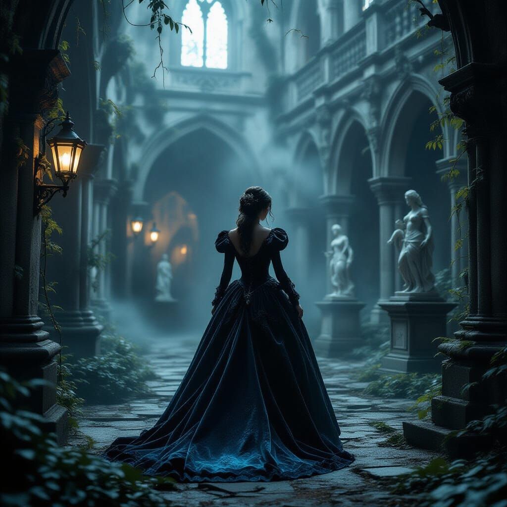 Gothic Princess in Crumbling Courtyard