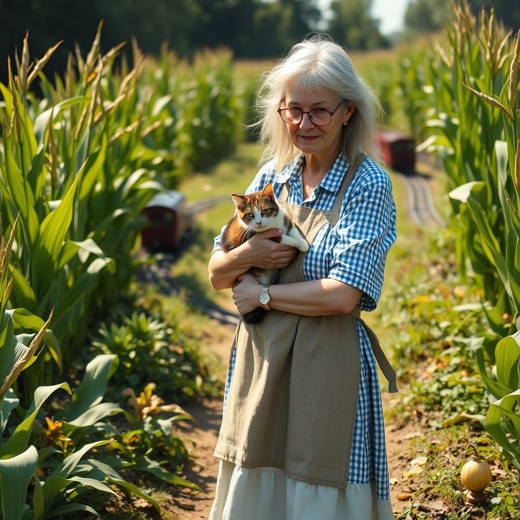 Silver-Haired Homemaker in Lush Vegetable Garden