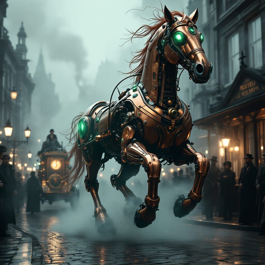 Mechanical Horse in Victorian London, Steampunk Style