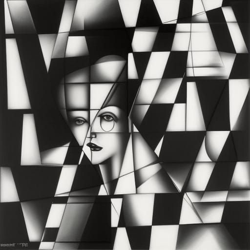 Monochrome Portrait in Checkered Tunnel, Cubist Style