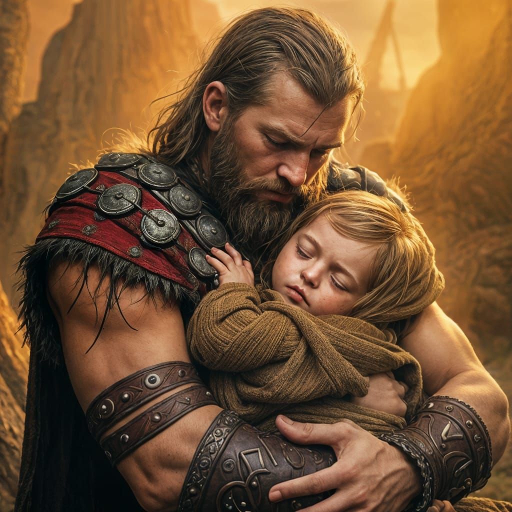 Viking Father Protects Sleeping Daughter