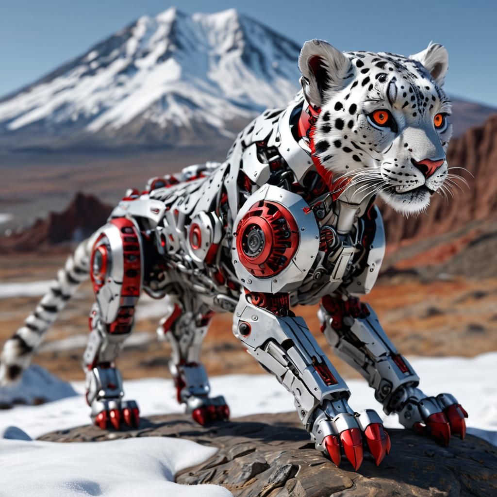 Photorealistic Snow Leopard Cyborg with Red Metal Details