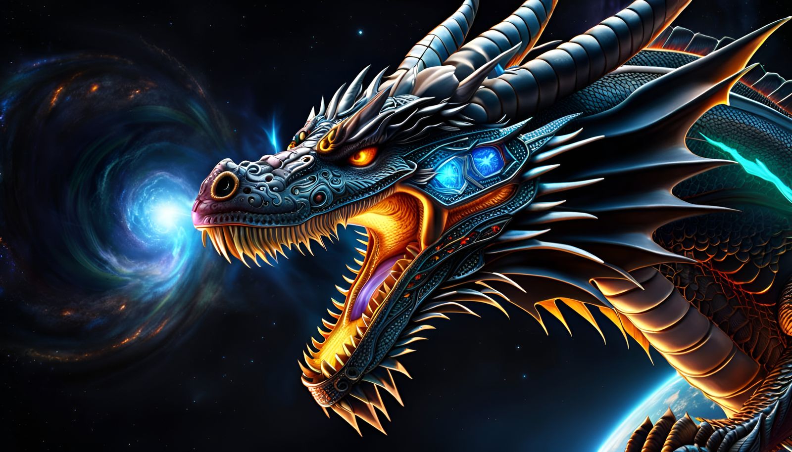 Cyber Dragon in Space Breathing Fire