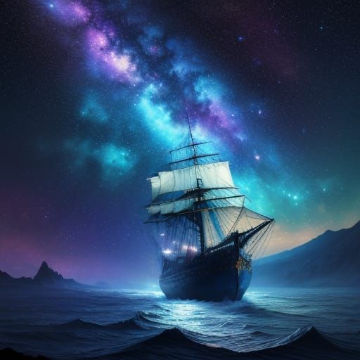 Cosmic Greek Sailship Navigates Nebula