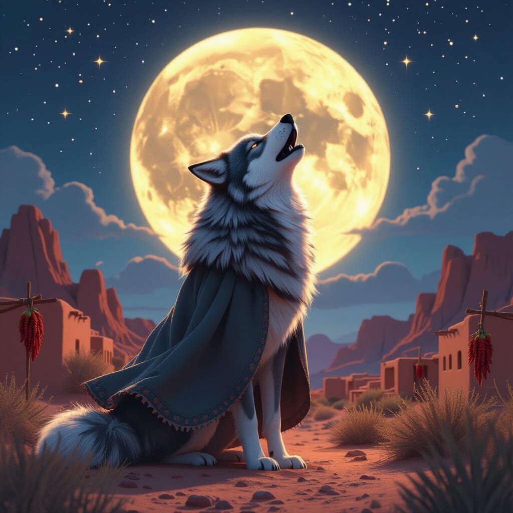 Wolf Howling at Moon in Hyperrealistic Anime Style