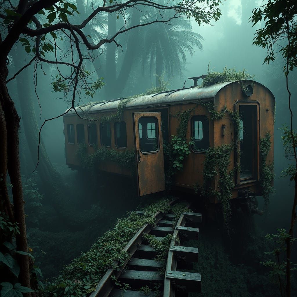 Rusted Train Entwined in Jungle Abyss