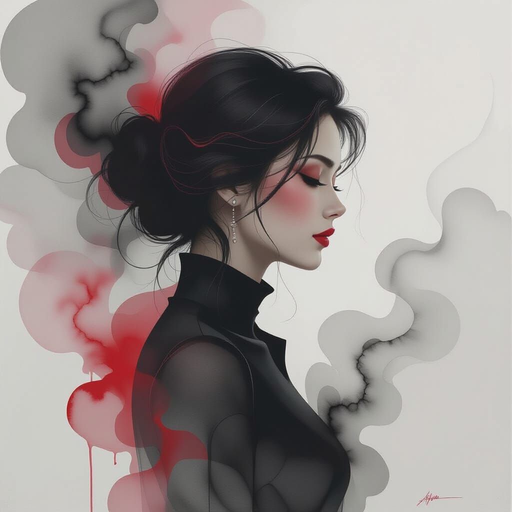 Abstract Woman Form in Red and Gray Ink Washes