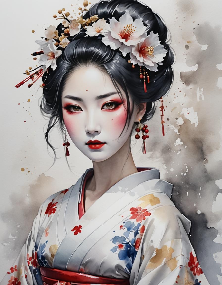 Anime-Style Watercolor Portrait of a Geisha