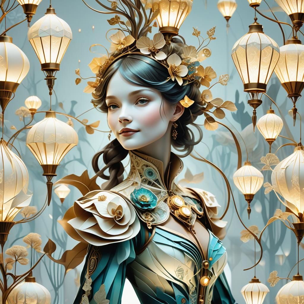 Bioluminescent Fractal Woman: Steampunk Papercraft Illustrat...