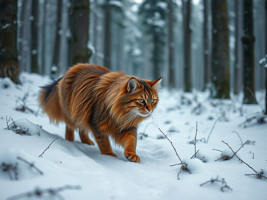 Brown Norwegian Forest Cat Hunting in Snowy Forest