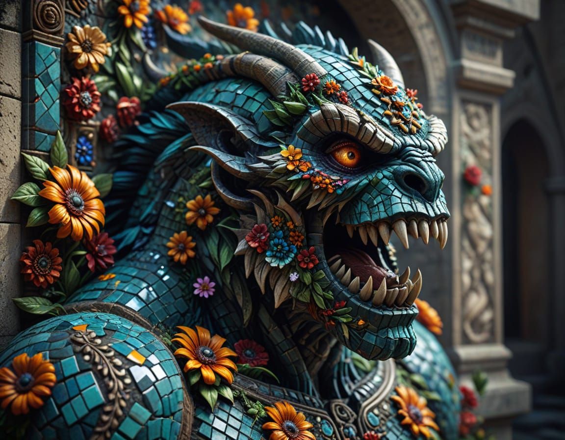 Hyperrealistic Gothic Monster in Vibrant Roman Mosaic Style