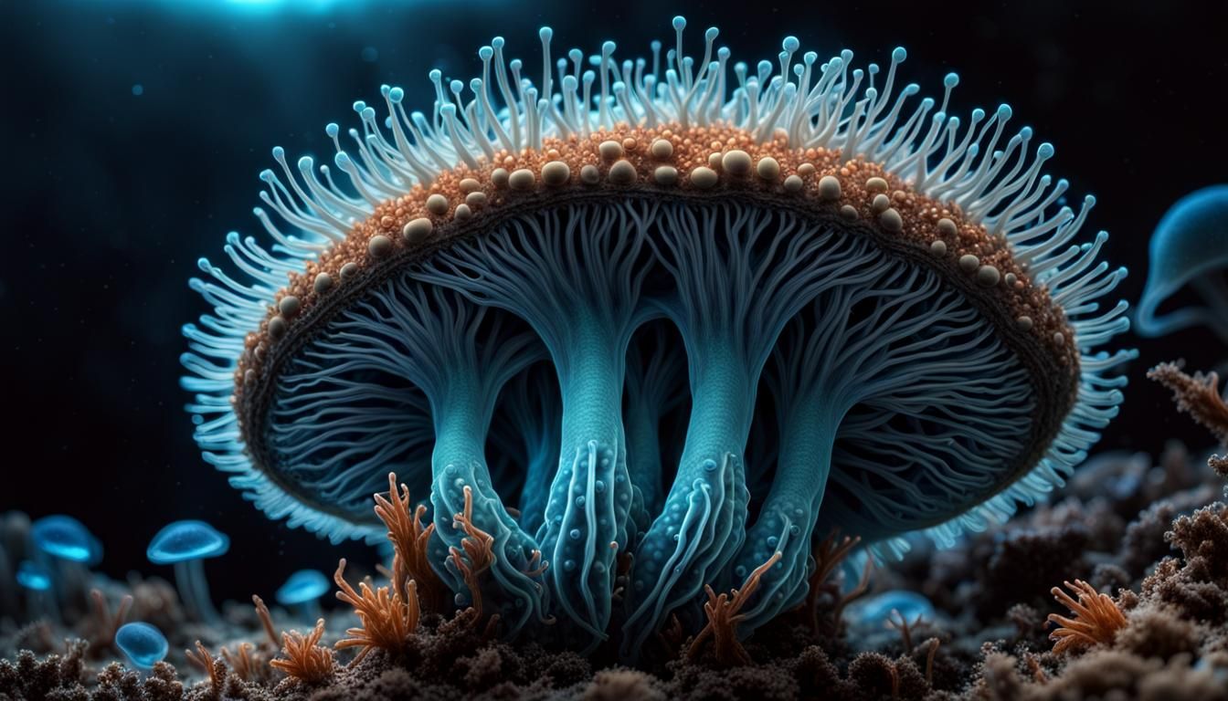 Bioluminescent Deep Sea Spore Growth: Hyperrealistic Fantasy