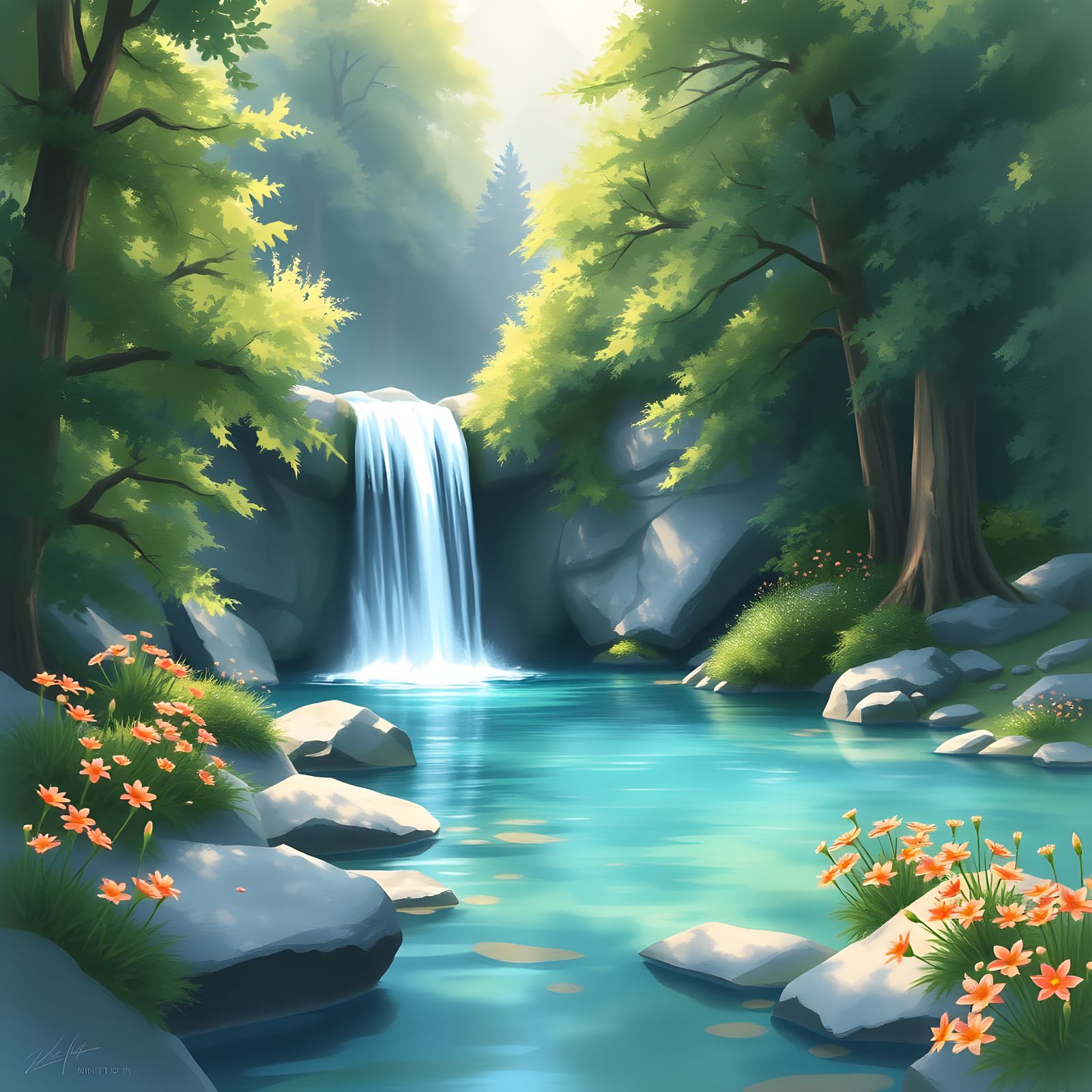 Secluded Waterfall in Tranquil Forest: Ghibli Watercolor
