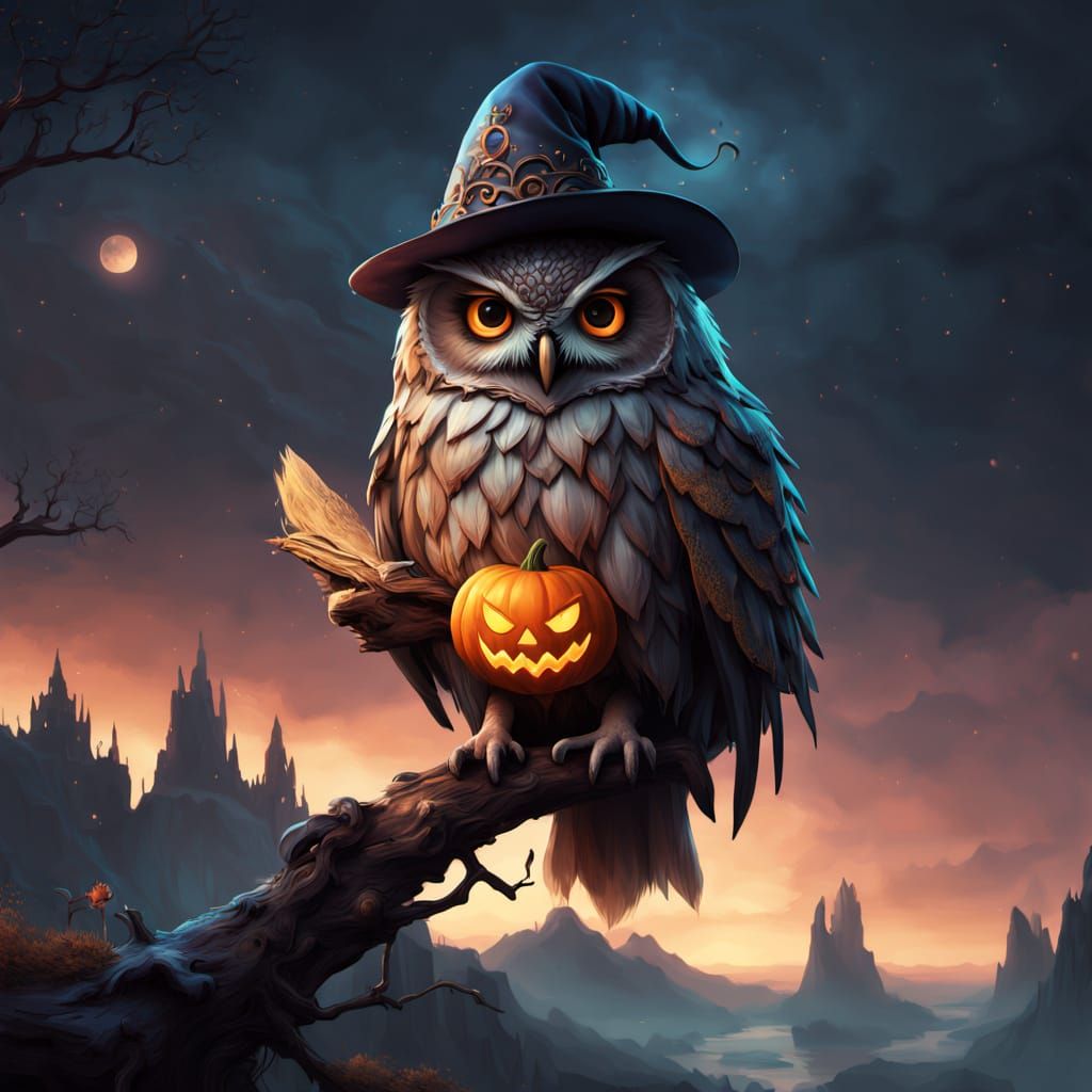 Wise Owl Wizard with Jack-o'-Lantern Feathers