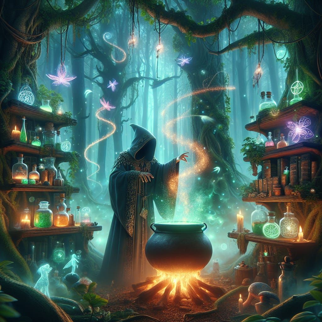 Mystical Potion Brewer in the Heart of an Enchanted Forest