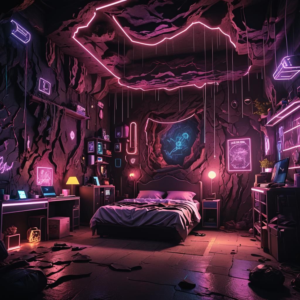 Teenager's Room: Dark Cavern with Neon Lighting