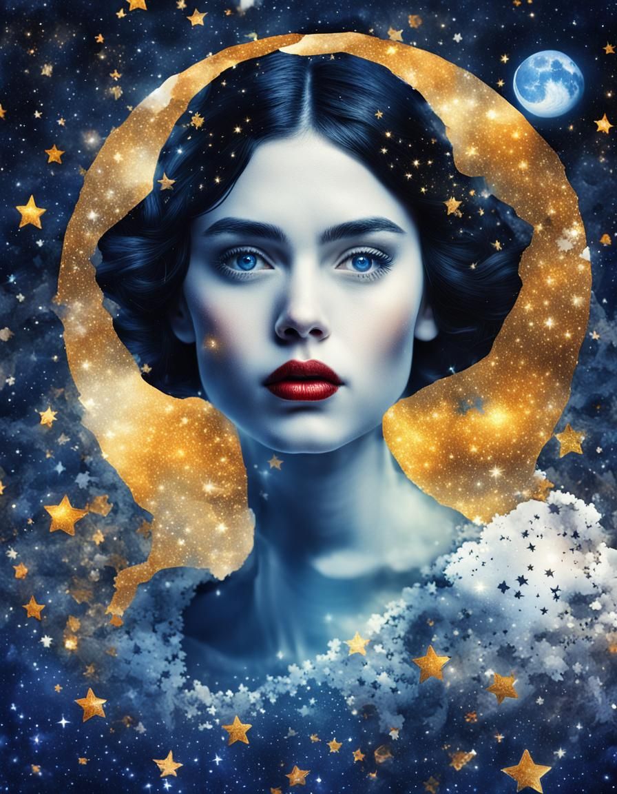 Snow White Starry Night Surreal Collage Art