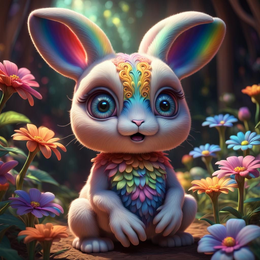 Psychedelic Bunny with Rainbow and Flowers in 3D