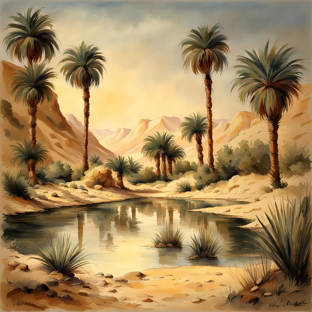 Egyptian Oasis Watercolour Painting in the Desert