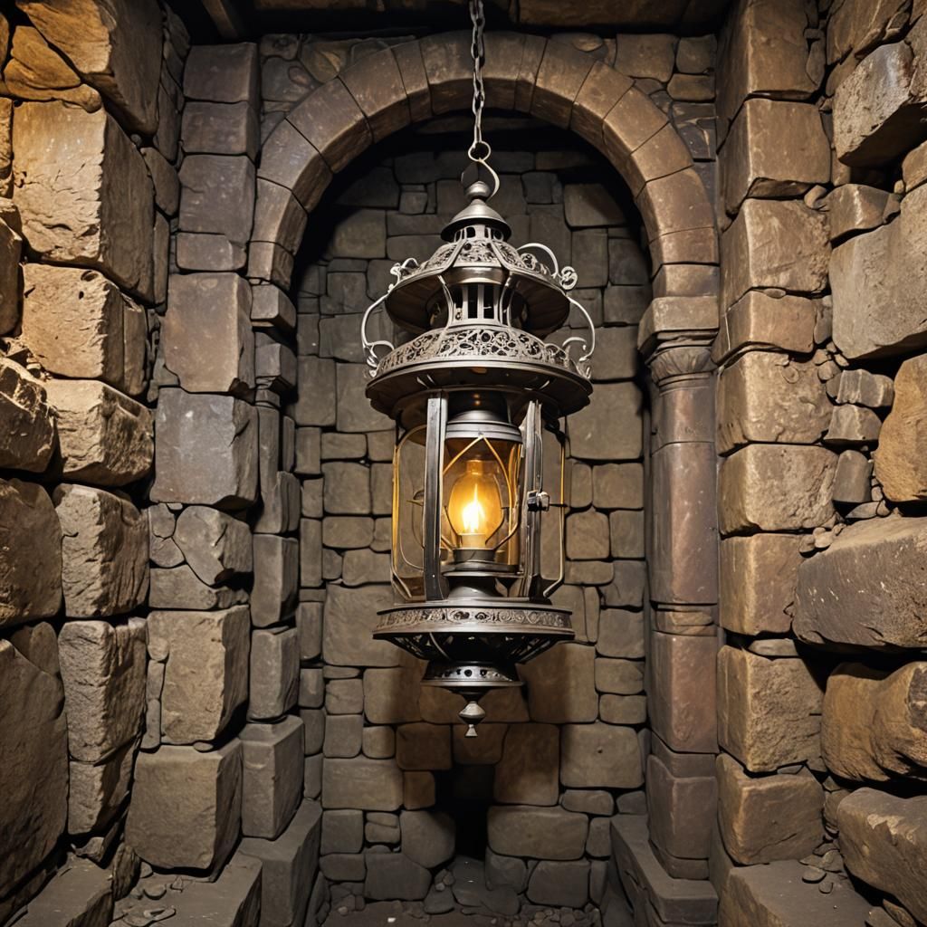 Ornate Lantern Illuminates an Old Mine Shaft