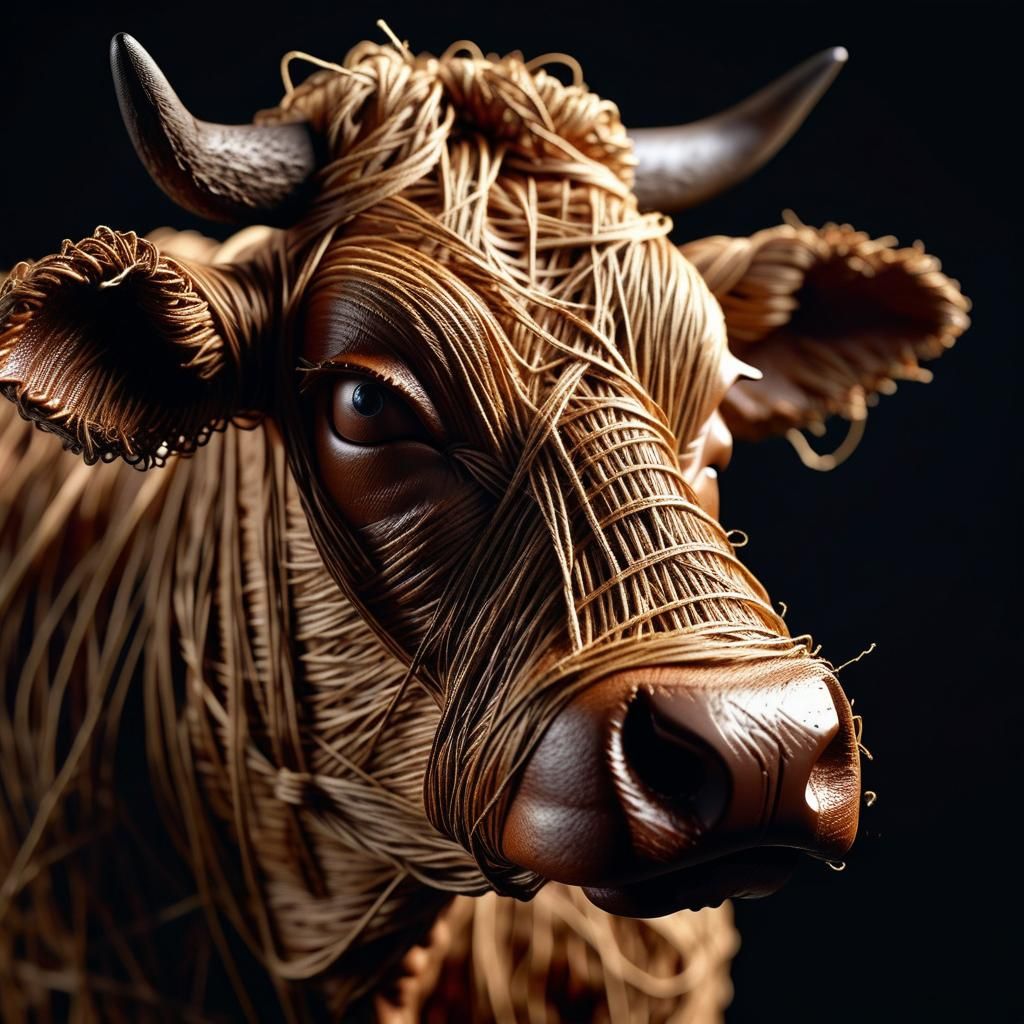 Detailed Twine Cow Sculpture: Hyper-Realistic Photography