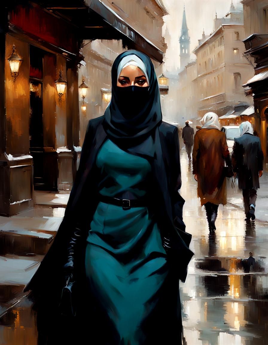 European Woman Walks City Street as Oil Painting