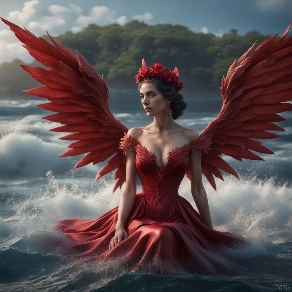 Hyperrealistic Undine Woman with Tulip Tiara on Waves