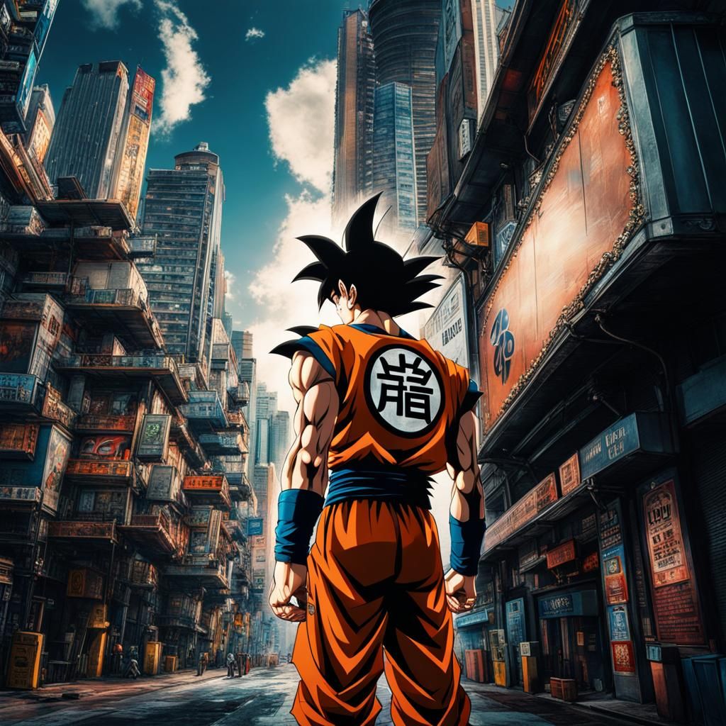 Goku in a Hyperrealistic Futuristic Cityscape