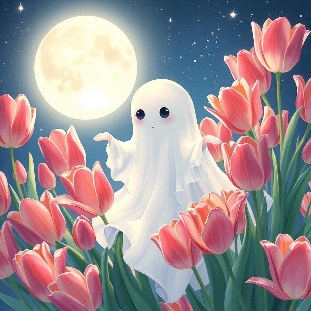 Whimsical Ghost Surrounded by Vibrant Tulips in Pastel Hues