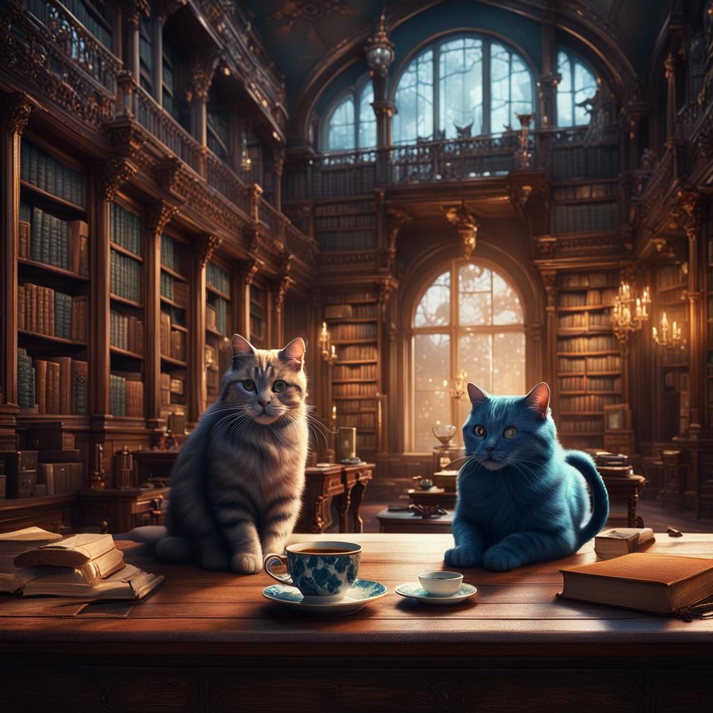 Library Scene with Cats: Detailed Matte Painting